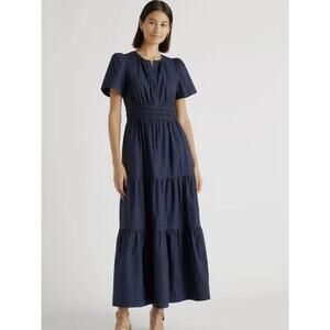 Quince Dress Womens Navy Blue 100% Organic Cotton Poplin Tiered Maxi Pockets Sm